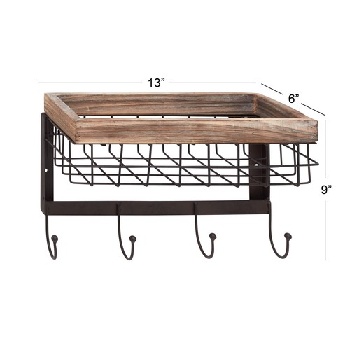 DecMode 13" X 9" Brown Metal 1 Shelf and 4 Hangers Wall Hook 1Piece Multipurpose - Picture 3 of 8