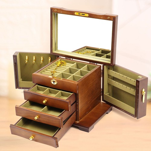 Antigua caja organizadora de joyas de madera grande collar relojes anillos estuche de almacenamiento - Imagen 2 de 12