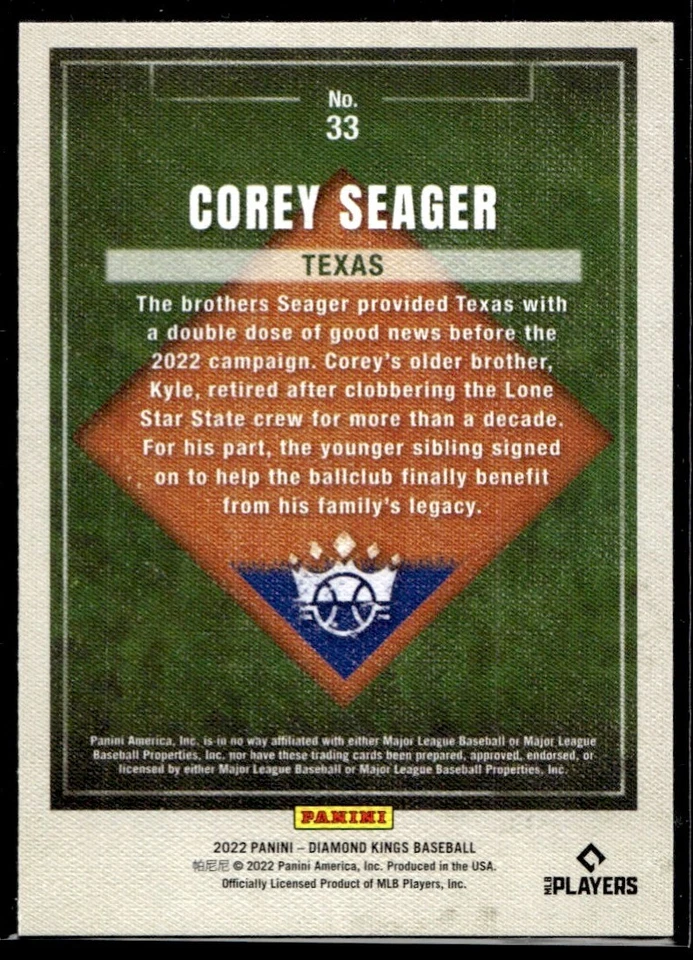 2022 Panini Diamond Kings Artist Proof Blue Corey Seager Texas Rangers #33 - Image 2 of 2