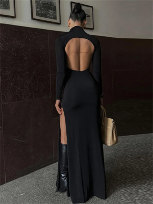 Sexy Off Shoulder With Scarf Maxi Dress For Women Fashion High Waist Sleeveless Backless Long Dresses New Lady Evening Club Robe Black / S