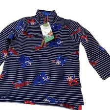 Joules Boys 4Y Navy Blue white striped Pullover 1/4 zip Dale graphic New preppy
