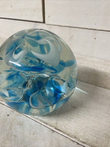 Handcrafted 3” Blue & White Marble Swirl glass Paperweight Fast Shipping - Picture 3 of 9