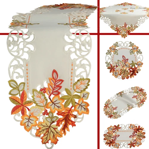 Autumn Fall Tablecloth Table runner Doily White Green Red Orange Leaf Embroidery