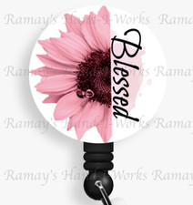Christian, Pink Floral "Blessed", Retractable Badge Reel, ID Lanyard Holder