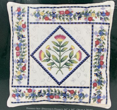 NEW Elsa Williams FLOWER PATCHES PILLOW Counted Cross Stitch KIT  14X14