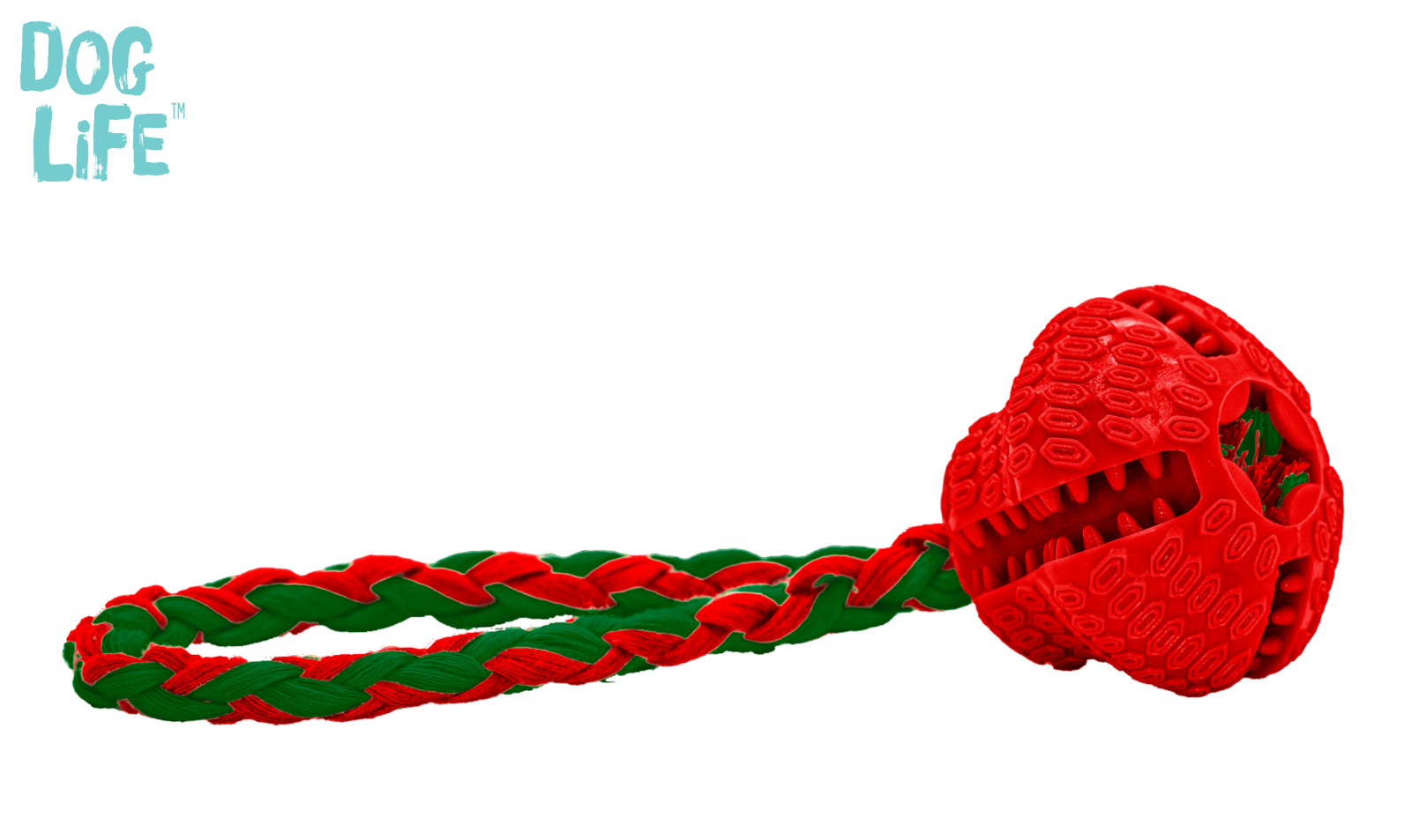DOG LIFE TPR RUBBER FESTIVE TREAT BELL BALL ON ROPE DOG PUPPY PLAY TOY