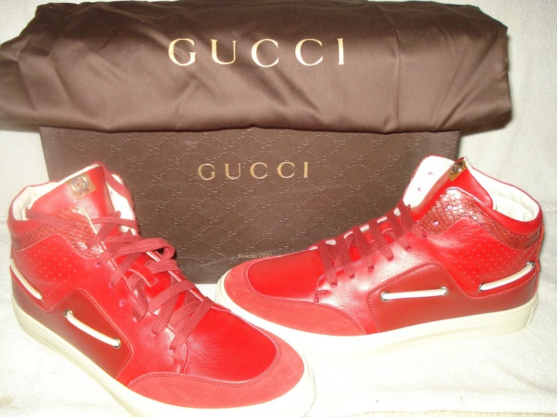100% AUTHENTIC NEW MEN GUCCI BRUSSELS RED LEATHER HIGH TOP SNEAKER UK 9/US 10