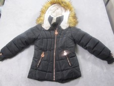 DKNY Jacket Girls Small 7/8 Black Faux Fur Hood Quilted Puffer Coat Winter