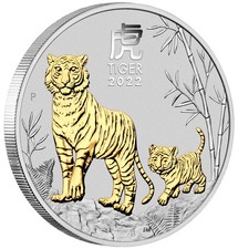 2022 Australia Lunar Year of the TIGER GILDED 1oz Silver $1 Coin w/ OGP/BOX Gilt
