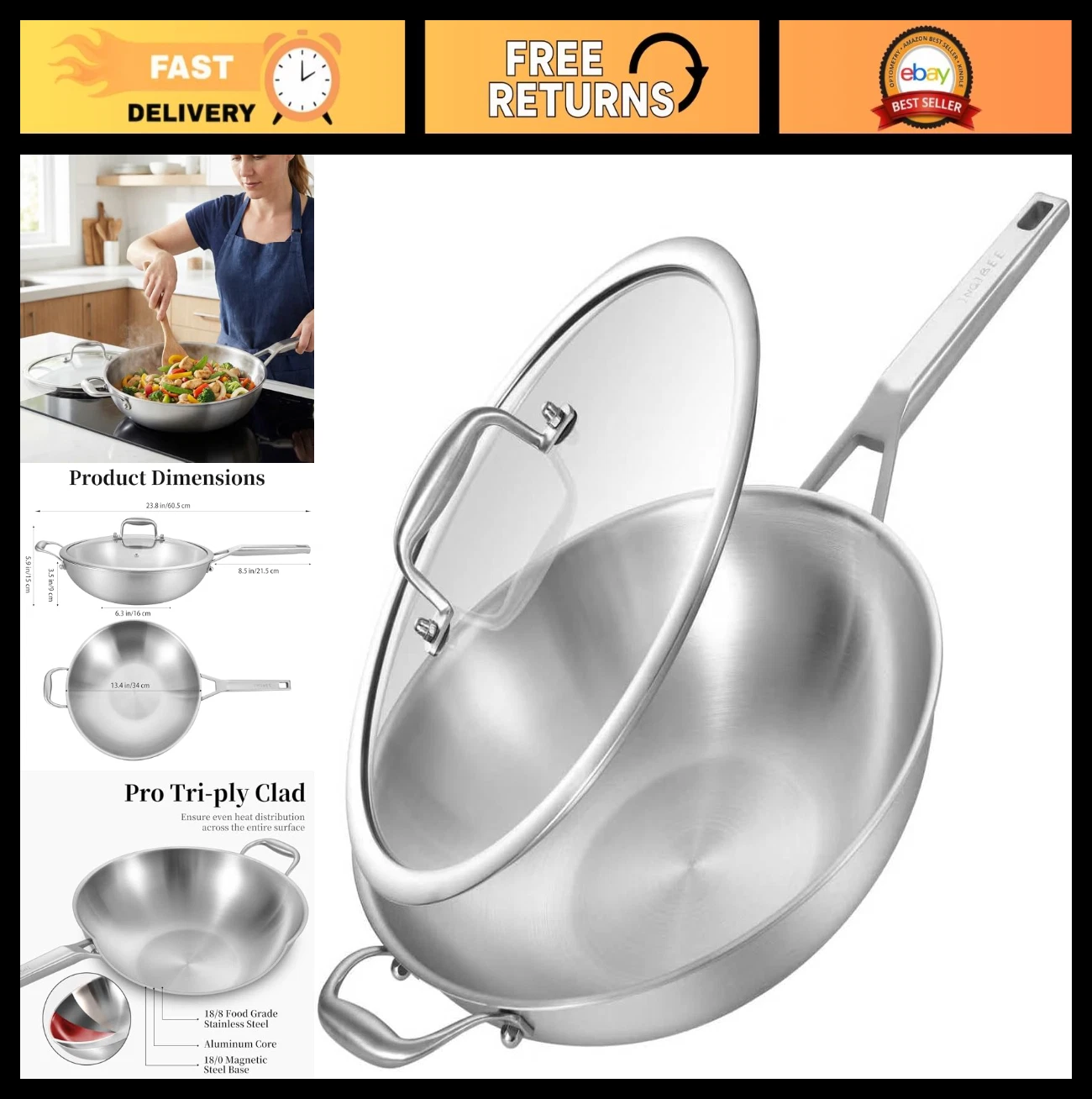 13" Stainless Steel Wok with Lid - Induction Compatible Stir Fry Pan, Tri-Ply, D