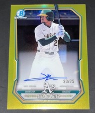 2026 Bowman Chrome Leo De Vries Yellow Refractor on card Autograph /75 Athletics