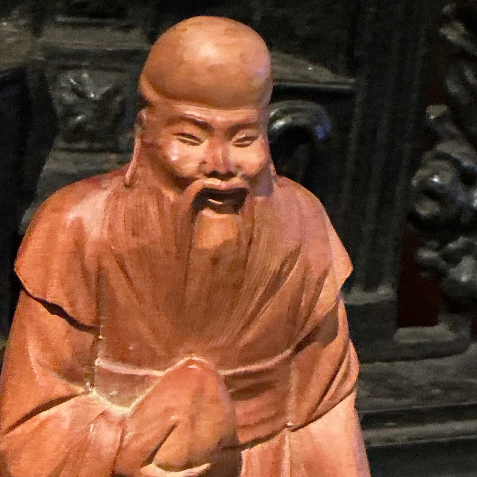 antique chinese box wood figure hand carved Happy Man - Image 3 of 4