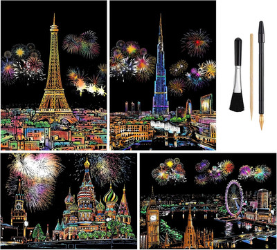 Rainbow Scratch Art Painting Paper (A4) for Kids & Adult, Night View Scratchboar