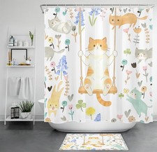 Cute Funny Cat Colorful Wildflower Shower Curtain Bathroom Accessories Set
