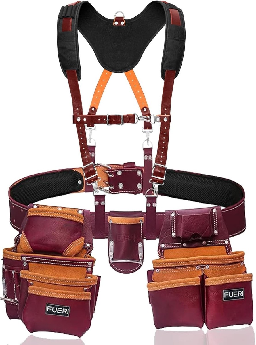 Leather Tool Belt with Suspenders carpenter 19 Pocket Padded Tool