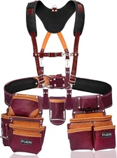 Leather Tool Belt with Suspenders carpenter 19 Pocket Padded Tool Pouch Work bag