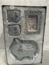 Baby Essentials 4 Pc Blue Ceramic Keepsake Baby Shower Gift Curl Tooth Piggybank