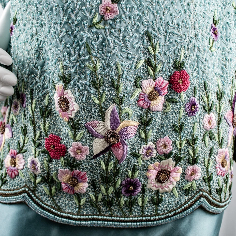 Terno feminino RICHILENE vintage verde água miçangas bordado floral tamanho 16, 18 - Imagem 3 de 4