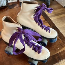 Vintage 70s Roller Derby Lace Up Leather Roller Skates White Womens Size 7 USA