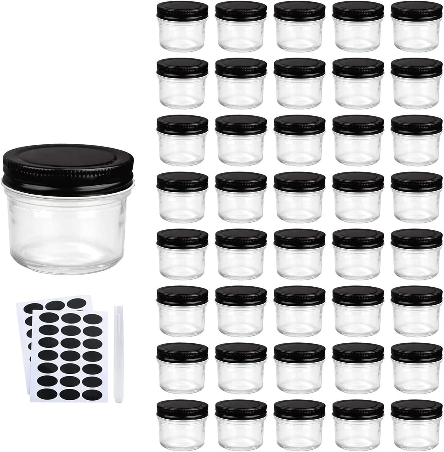 QAPPDA 4oz Glass Jars With 40pack with regular lids, Black Lids