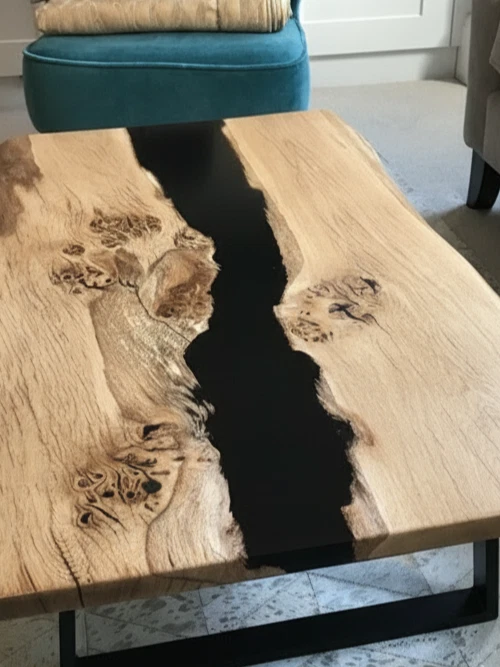 Handmade Black River Epoxy Table Top Live Edge Wood Resin Dining/Coffee Table - Image 3 of 4
