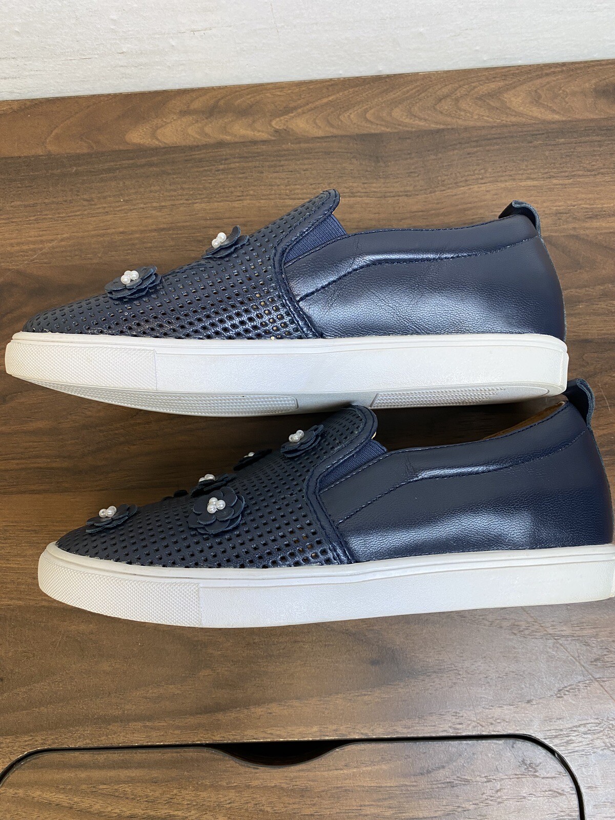 Nordstrom Women's Caslon Slip On Blue Leather Loafers with Flowers