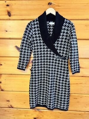 Calvin Klein Houndstooth Knit Sweater Dress - Size S Midi Cowl Neck Black  White | eBay