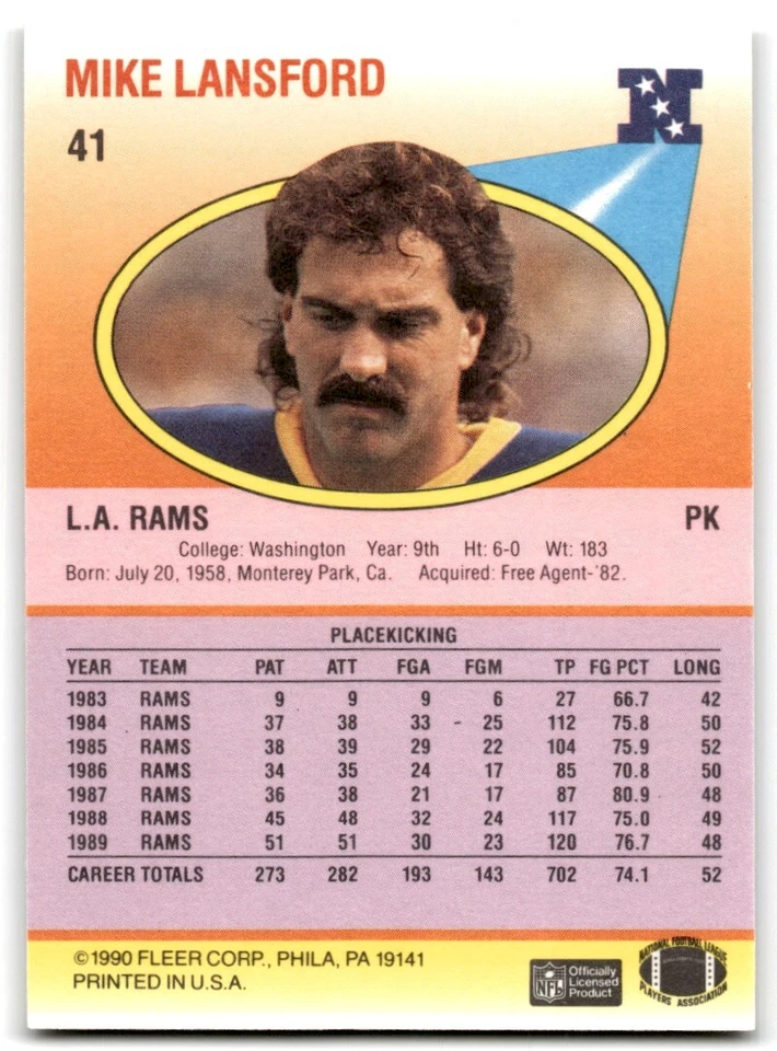1990 Fleer Mike Lansford Los Angeles Rams #41 - Image 2 of 2