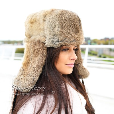 Rabbit Fur Russian Ushanka Hat, Real 