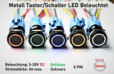 Metall Drucktaster Druckschalter LED Beleuchtet 3V 5V 9V 12V 24V Einbau 16mm PKW