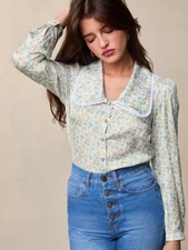 ROUJE PARIS YASNA FLORAL PETER PAN COLLAR MOTHER OF PEARL BUTTON BLOUSE SIZE 44