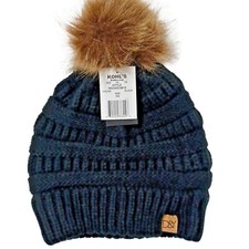 Black Cable Knit Beanie Knit Hat Chunky with Tan Brown Faux Fur Pom NWT