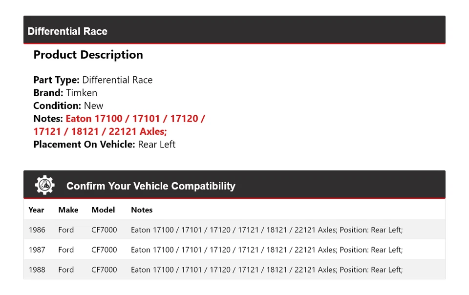 For 1986-1988 Ford CF7000 Differential Race Rear Left Timken 1987 - Image 2 of 4