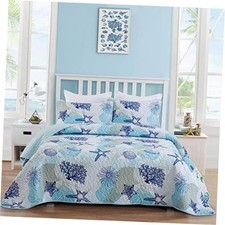 Coastal Quilt Set Size, Blue Ocean Beach Themed Bedding Set Queen Blue Coastal
