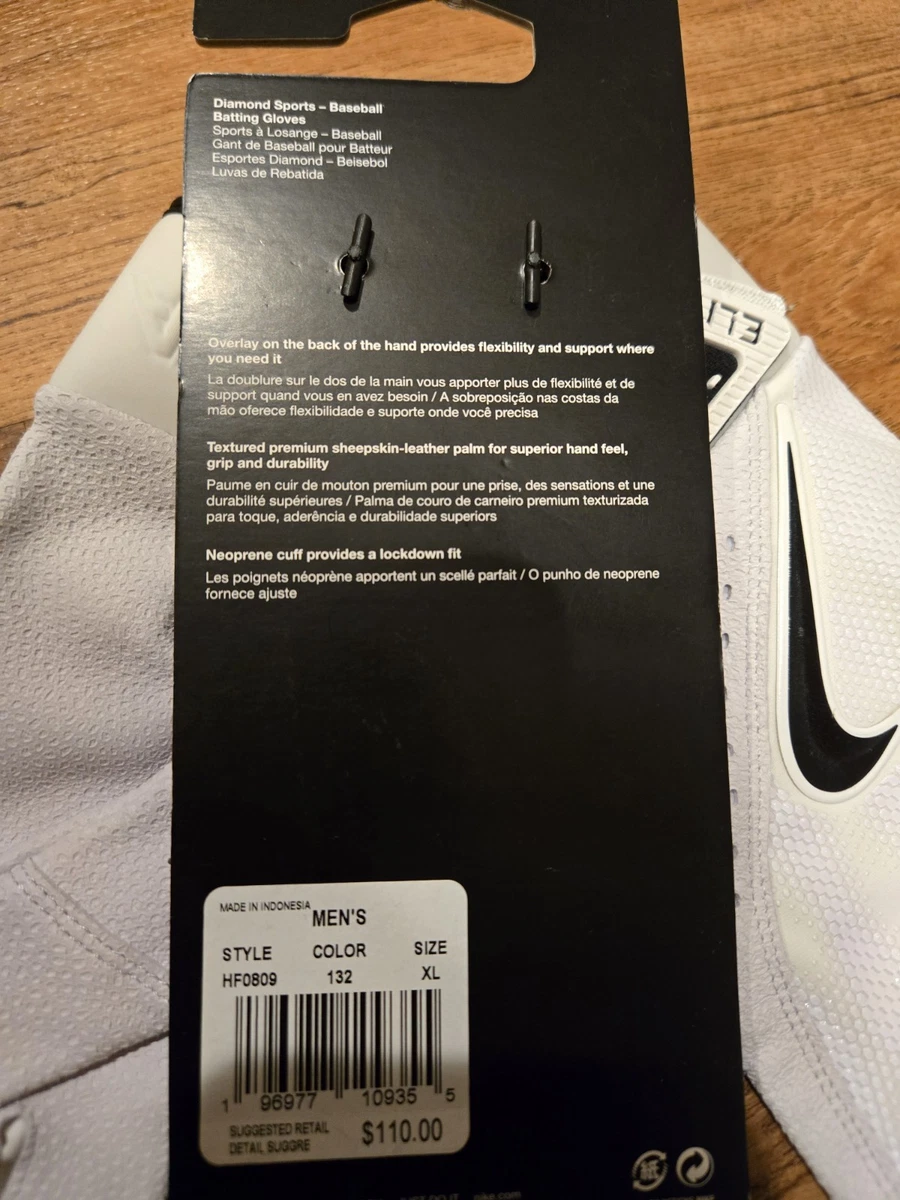 Guantes de bateo de béisbol Nike Alpha Elite para hombre dedo completo blancos/negros XL