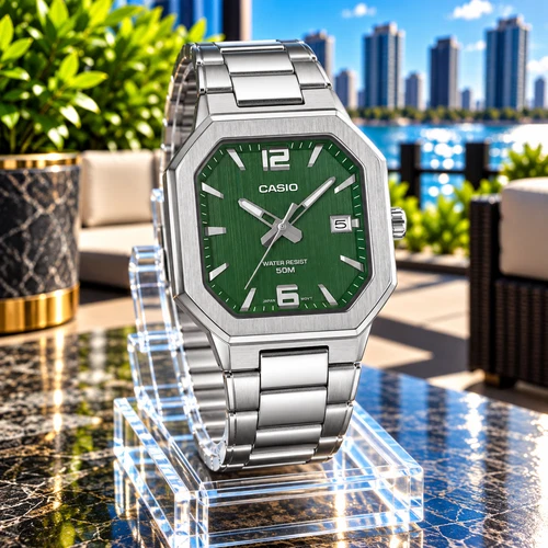 CASIO MTP-B195D-3AVDF MENS METAL SILVER ANALOGUE GREEN SILVER DIAL WATCH *NEW*