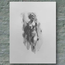 Original Classical Watercolor 8x10 Black And White Painting Nude Female Figure