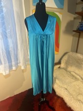 Vintage 70  s JCP MG Blue SILKY Nylon Gown Lingerie USA S As Is Raw Hem