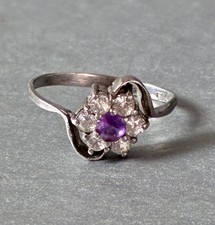Vintage 925 Sterling Silver Amethyst  Cubic Zirconia Flower Ring Size 5.5