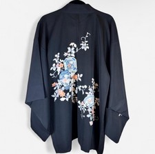 Vintage Japanese Black Floral / Vase Kimono Haori One Size Patterned Lining