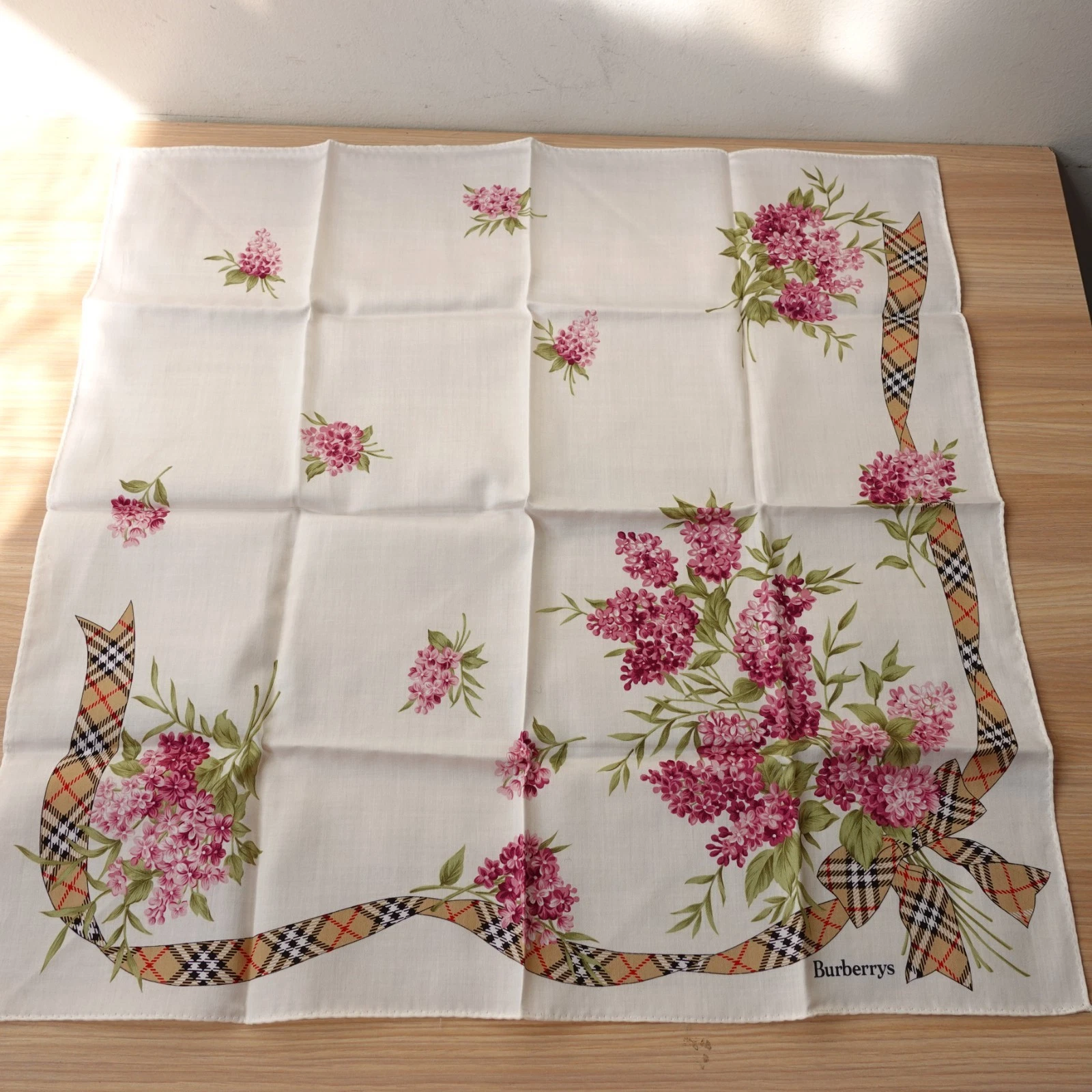 Vintage Burberry Handkerchief White Lilac Nova Check Ribbon Mini Scarf 19 48 cm