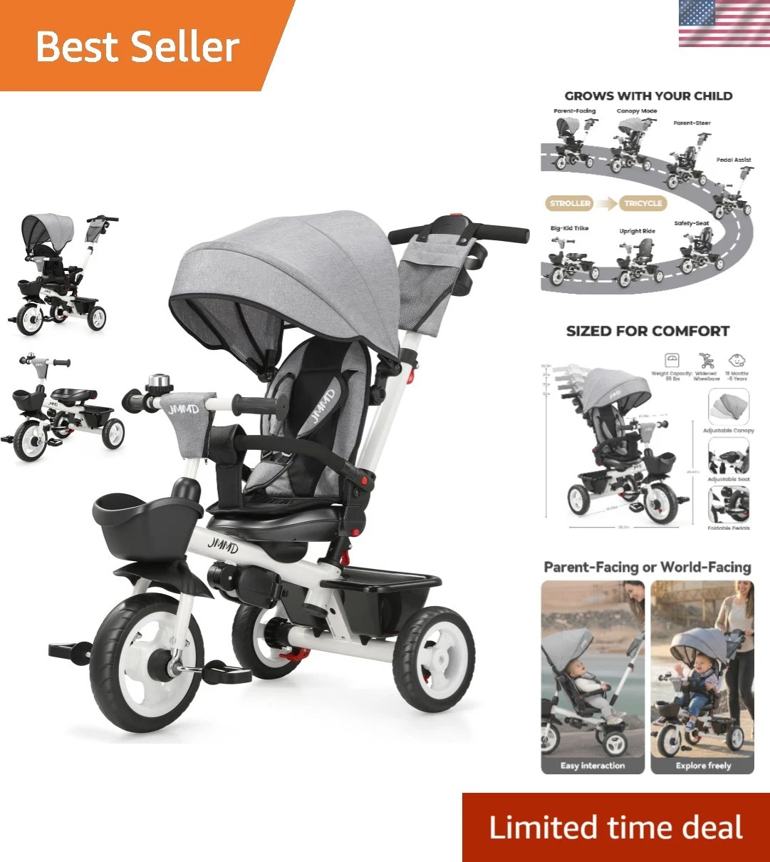 7-in-1 Tricycle Stroller for Kids 18 to 5 - Gray, Baby Safety Design