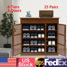 Bamboo Sideboard Buffet Storage Cabinet w/ 3 Doors Entryway Cabinet Shoe Rack