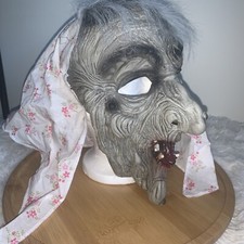Scary Old Lady Mask with head Scarf Wrinkles/Moles/Missing Teeth