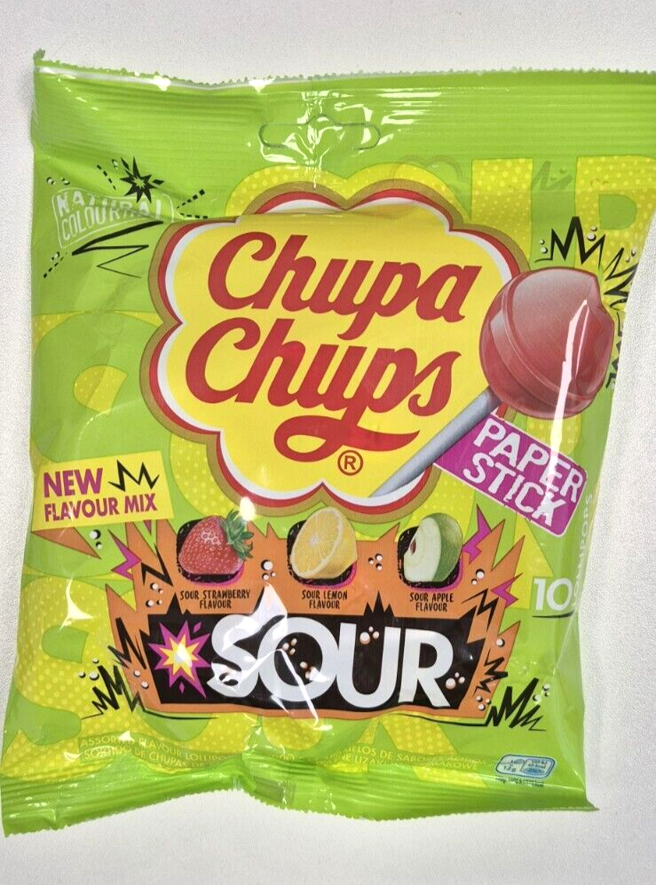 Chupa Chups Sour Lollipops - Sour  Strawberry, Sour Lemon, Sour Apple - 120g