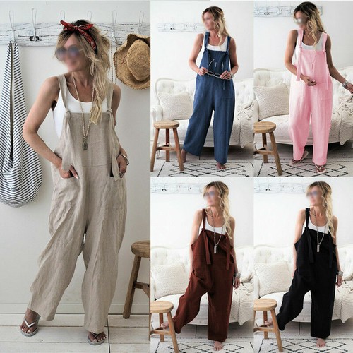 Womens Linen Cotton Dungarees Overalls Casual Playsuits Trousers Loose  Jumpsuit | eBay