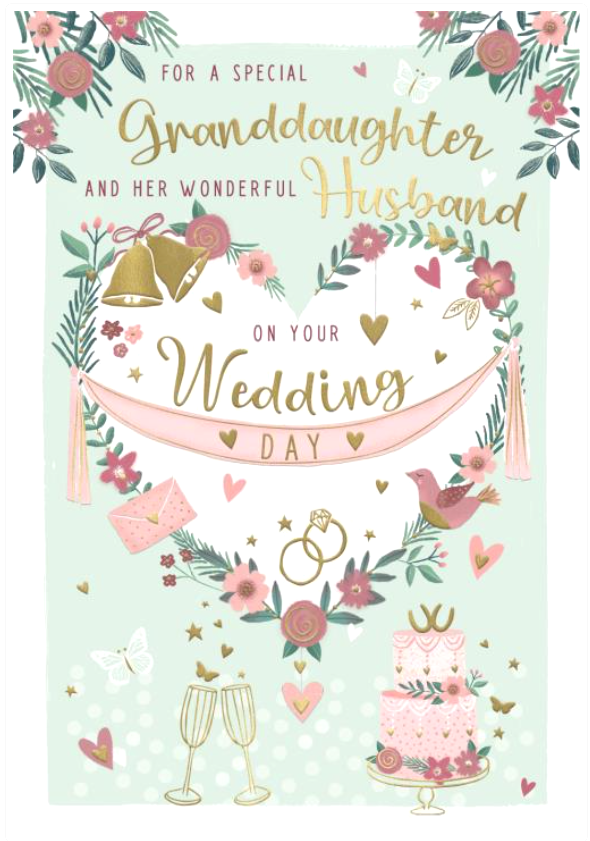 Wedding Card GRANDDAUGHTER. *Nine Inch Card, Gold foiling, Paper pages inside*