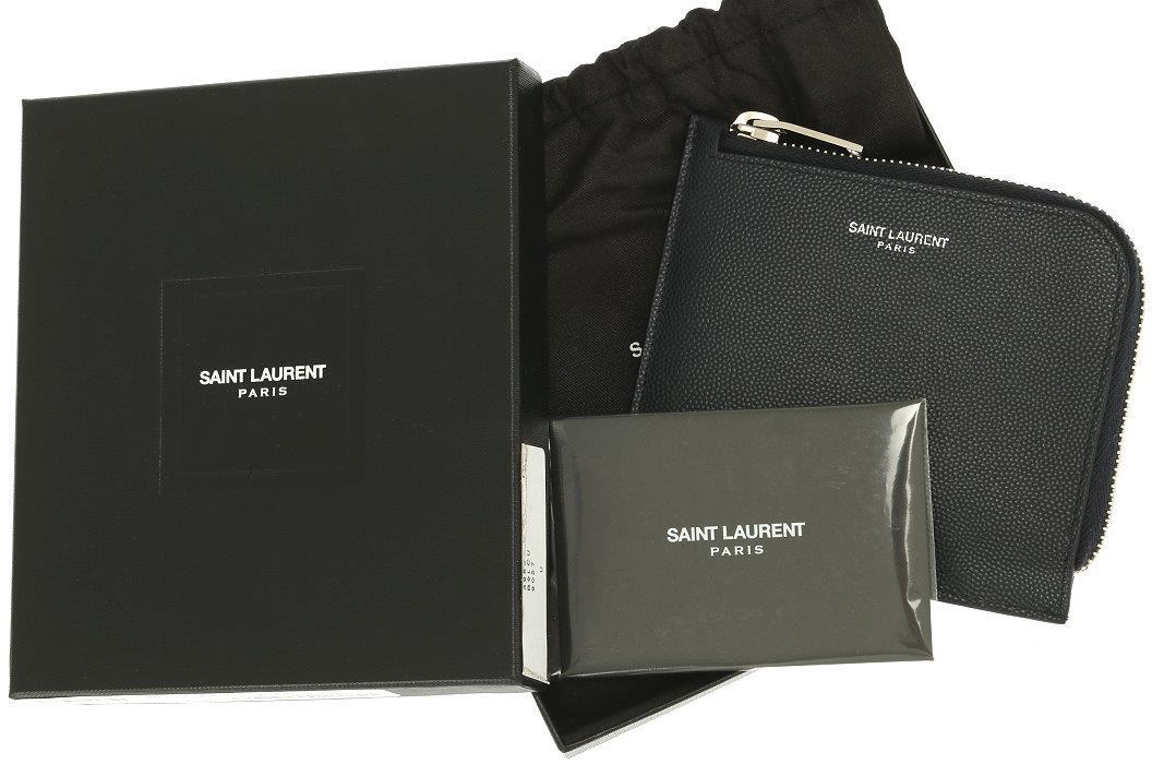 NEW YSL SAINT LAURENT BLUE GRAIN LEATHER ZIPPED COIN POUCH CARD
