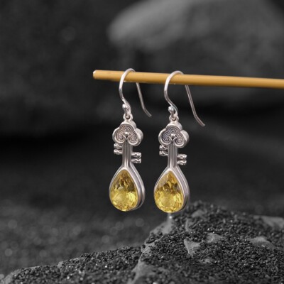 F02 Yellow Lemon Drop Sterling Silver Earrings Musical Instrument 925
