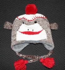 Sock Monkey Hat Winter Ear Flap Cap One Size Fleece Lined H1